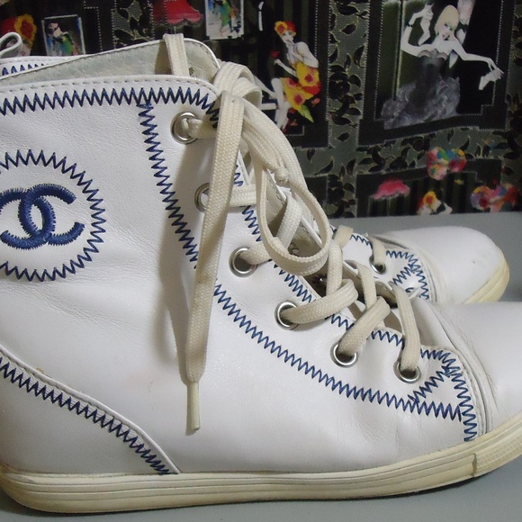 CHANEL Shoes | Chanel White Leather Hi Top Tennis Shoes 37 W Blue | Poshmark